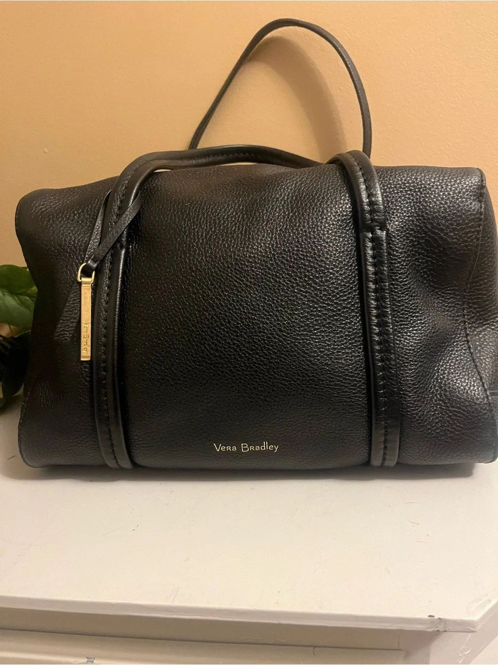 Vera Bradley Black Pebbled Leather Satchel with Gold Accent…no strap
